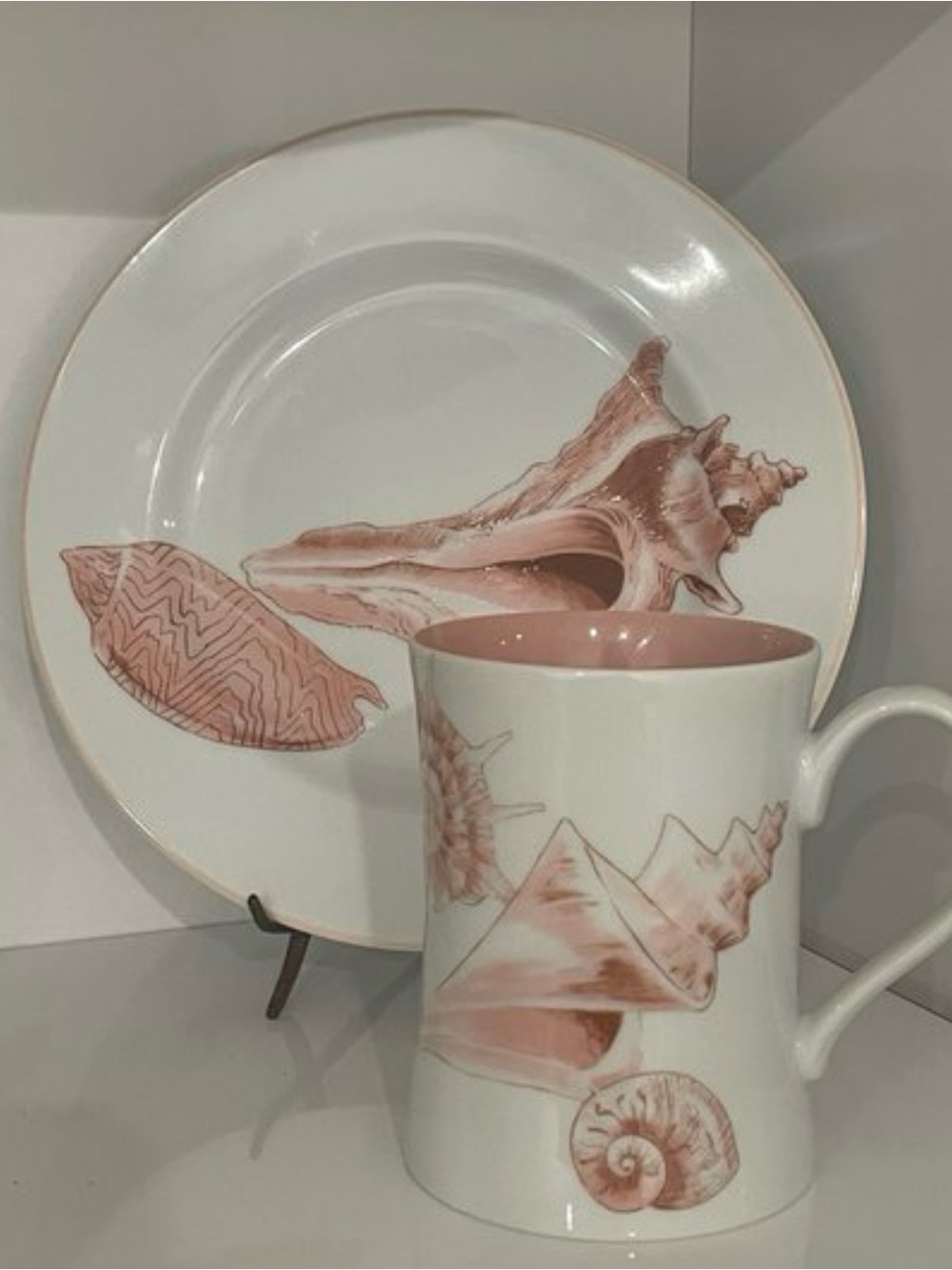 Fitz and Floyd Shell Motif Dinner Plate and Mug Set - Pink and White